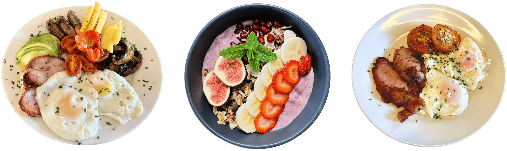 Three plates are shown: a full cooked breakfast with eggs, sausages, mushrooms, tomatoes and avocado, a smoothie bowl topped with fruit and granola, and a plate with eggs, bacon and grilled tomatoes.
